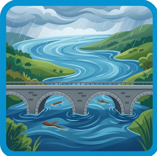 Logo de Zona Inundable: río crecido bajo un puente de piedra